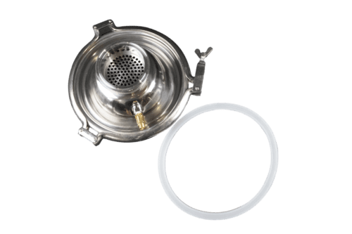 3 Inch Diameter Domed Lid with Built in Screen and 1/8" NPT Port. Includes 1/8″ Safety Valve, Lid Gasket, and Lid Clamp