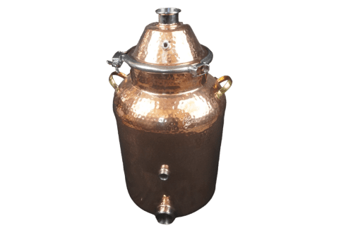 8 Gallon Copper Boiler with Dome Lid and Clamp, NPT Fitting, and 2 inch Ferruled Fitting.