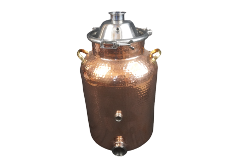 8 Gallon Copper Boiler with Dome Lid and Clamp, NPT Fitting, and 2 inch Ferruled Fitting.
